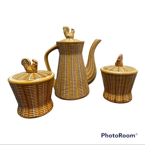 Japan Ceramic Basket Weave Rooster Coffee, Jelly and Jam Farmhouse Kitchen Set🐓 - Picture 6 of 7